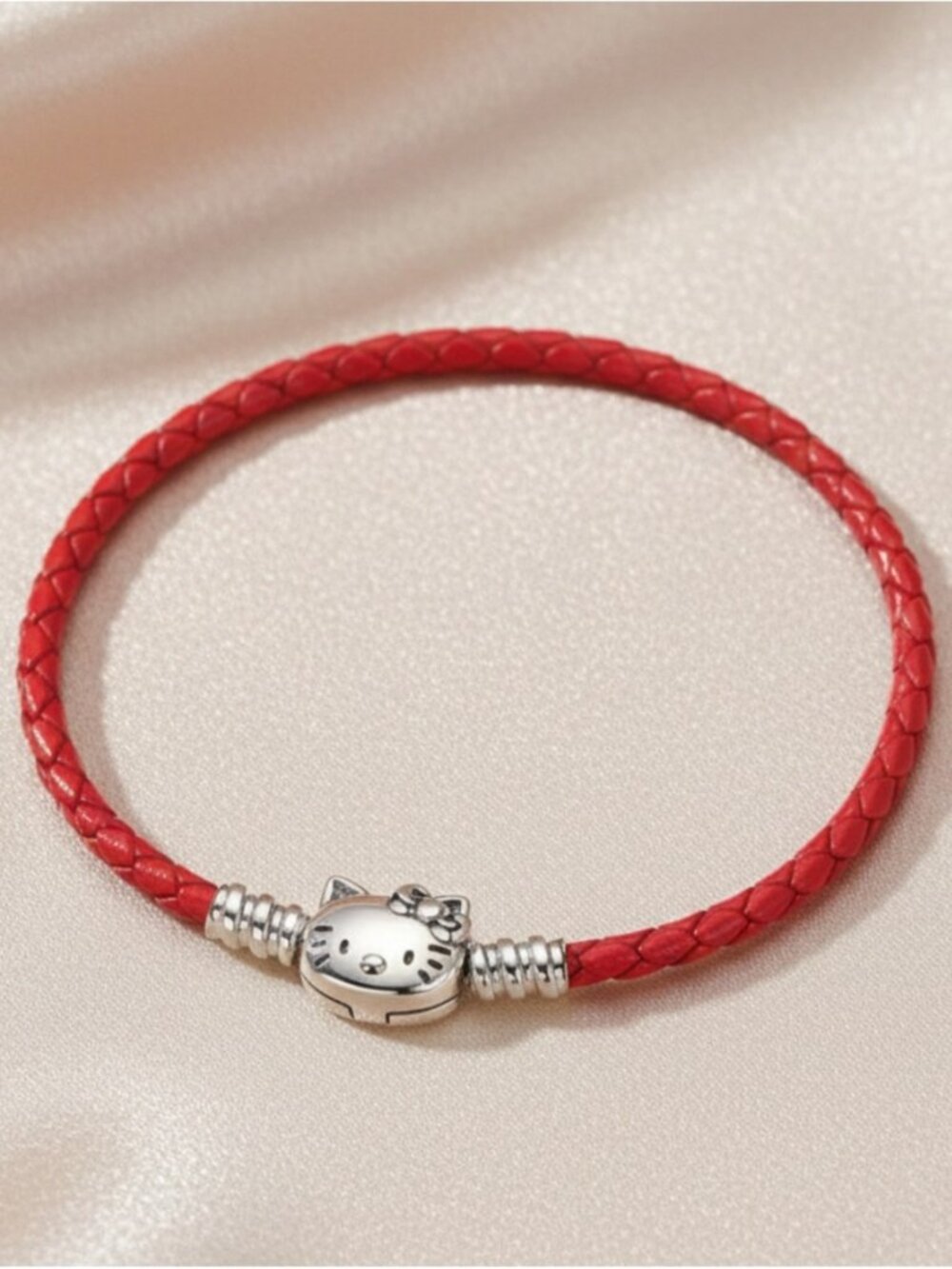 Red Braided Leather Bracelet with Silver Kitty Charm
